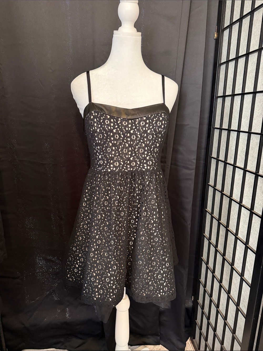 Black lace & tulle mini dress featuring adjustable straps, sweetheart neckline